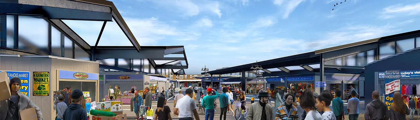 A computer generated image of a busy market with over sailing canopies above the stalls