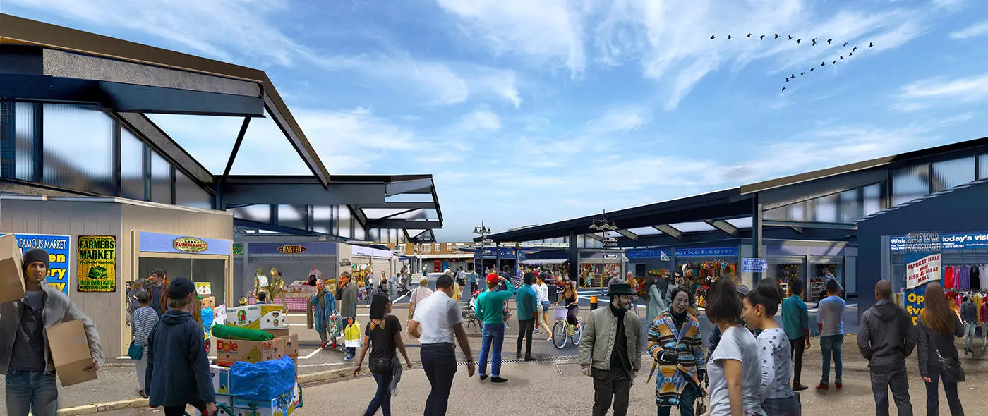 A computer generated image of a busy market with over sailing canopies above the stalls